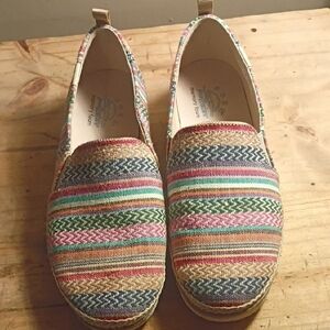 BOBS from Skecher Striped Multicolor Slip-On in Pink Green Blue Tan